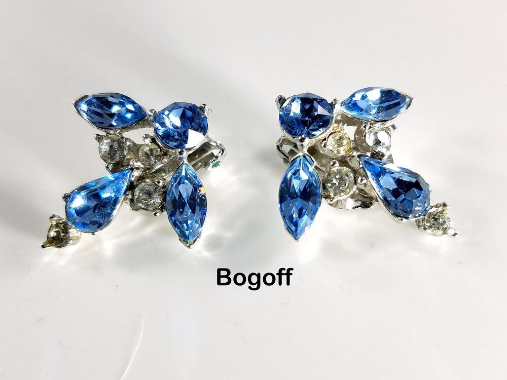 Vintage BOGOFF Blue Rhinestones Clip Earrings, "Vintage Jewels", 1950s